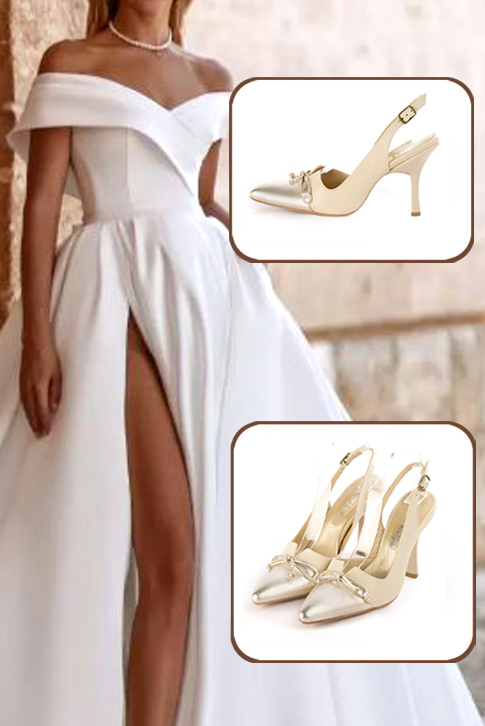 Women's gold and champagne white elegant slingback heels, with a bow on the front. Tapered toe. High spool heels - Worn view